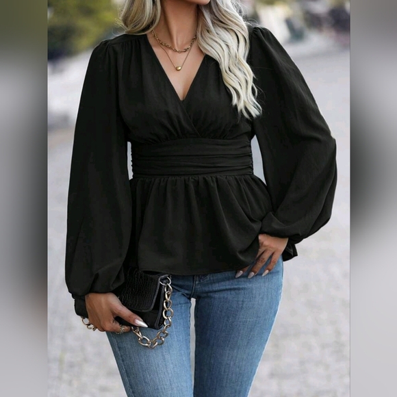 NEW Chic Ruched Waist Lantern Sleeve Peplum Top Blouse Plus Black - Picture 2 of 7